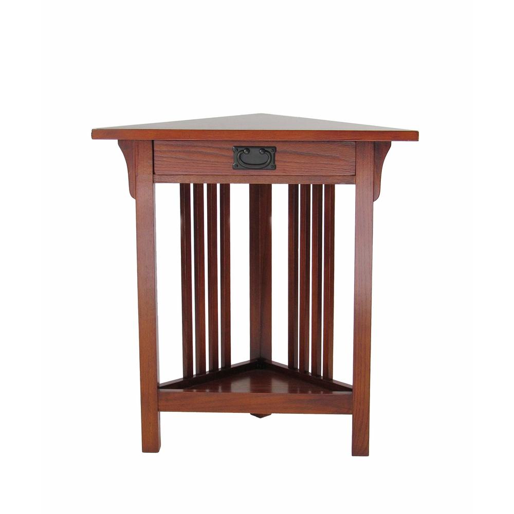 Benjara Mission Style Wooden Corner Table With 1 Drawer And Bottom Shelf, Brown