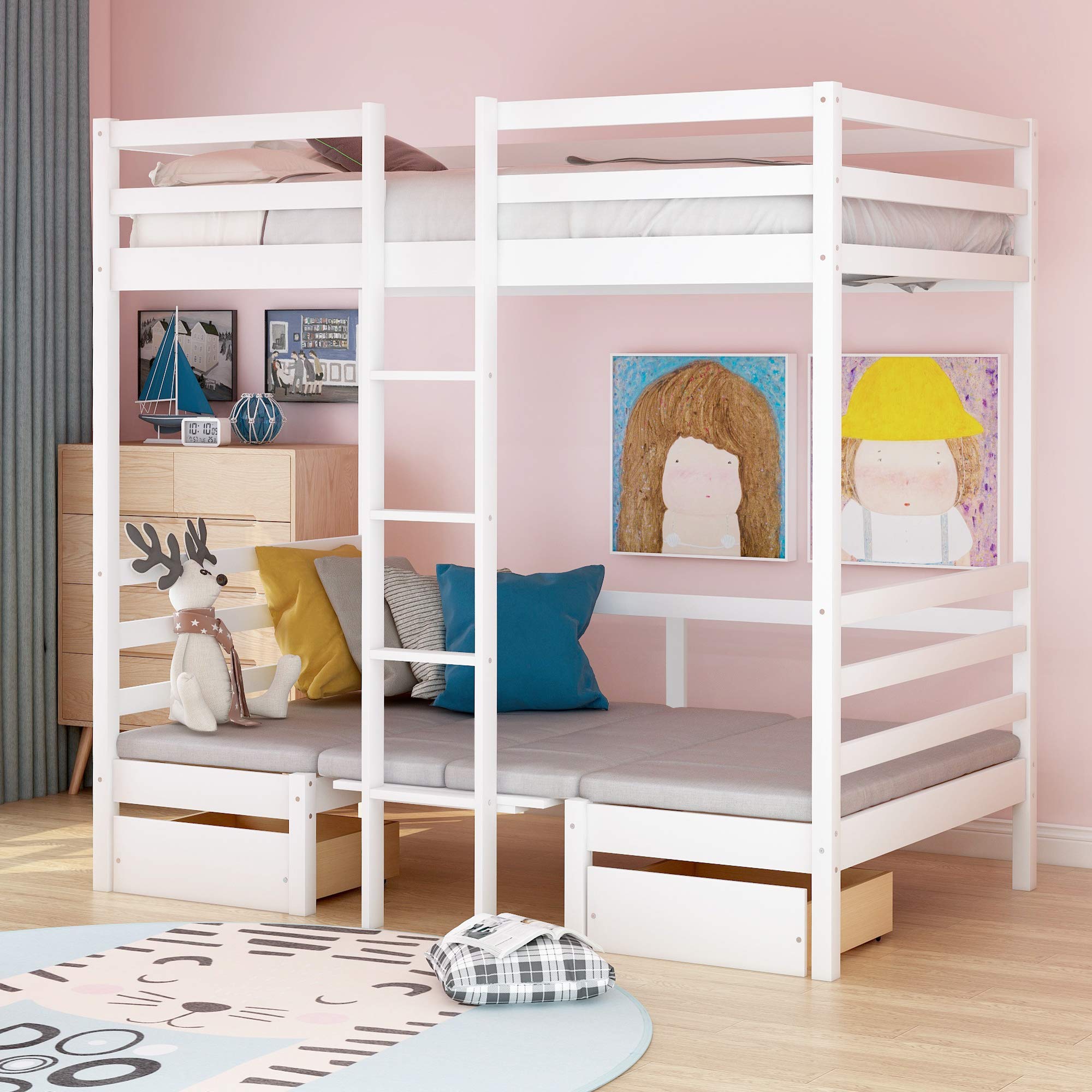 Softsea Twin Over Twin Bunk Bed With Storage Drawers And Desk, Loft Bed With Table And Cushion Seat, Multifunctional Bed