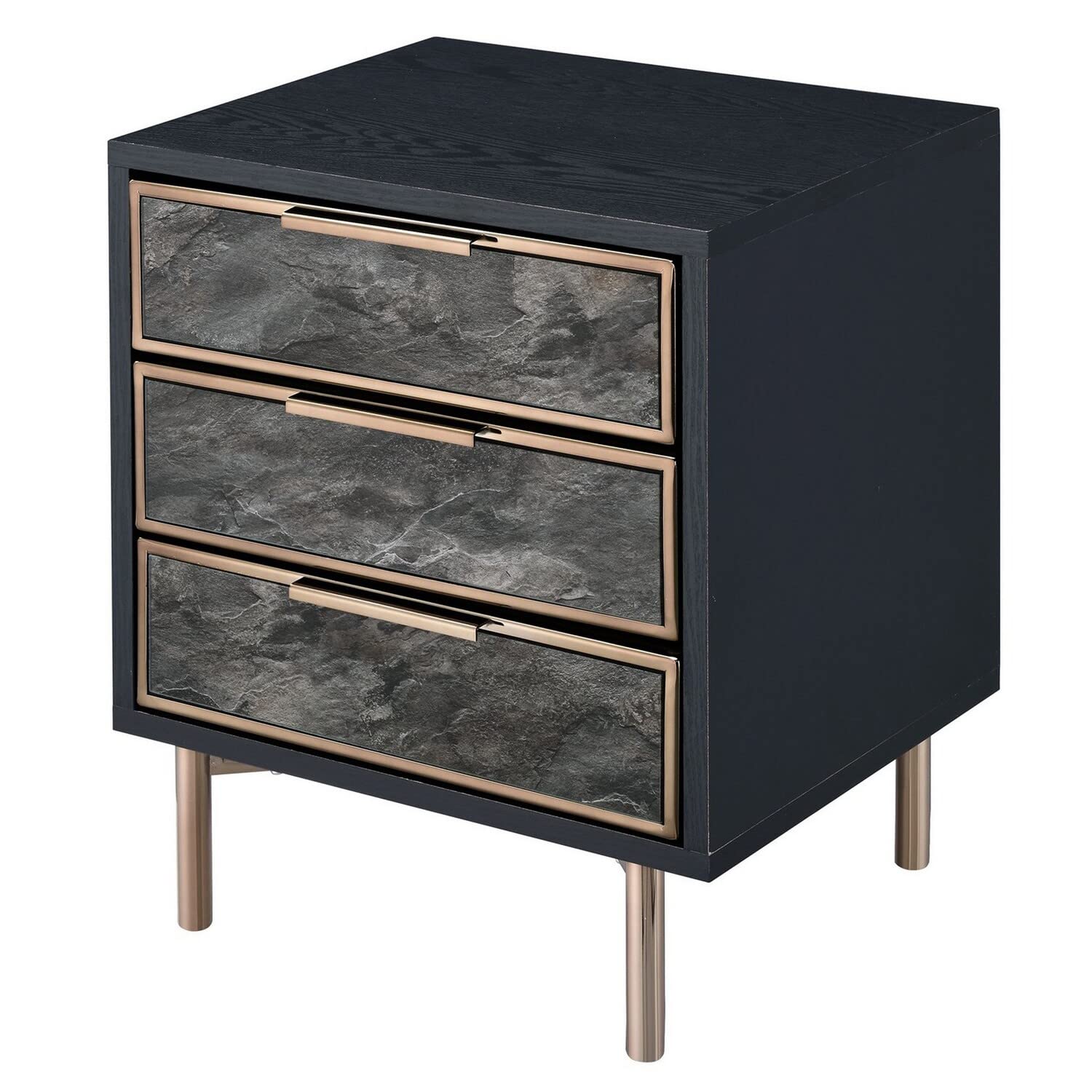 Benjara 3 Drawer Faux Marble Front Nightstand With Metal Legs, Black And Gold