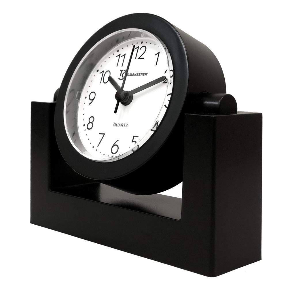 Timekeeper Small Desktop Swivel Clock For Desk, Battery Operated, 6.75" Wide X 2" Tall, Black Frame White Face