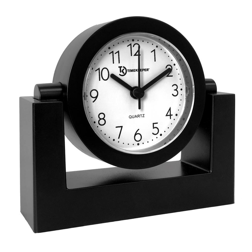 Timekeeper Small Desktop Swivel Clock For Desk, Battery Operated, 6.75" Wide X 2" Tall, Black Frame White Face