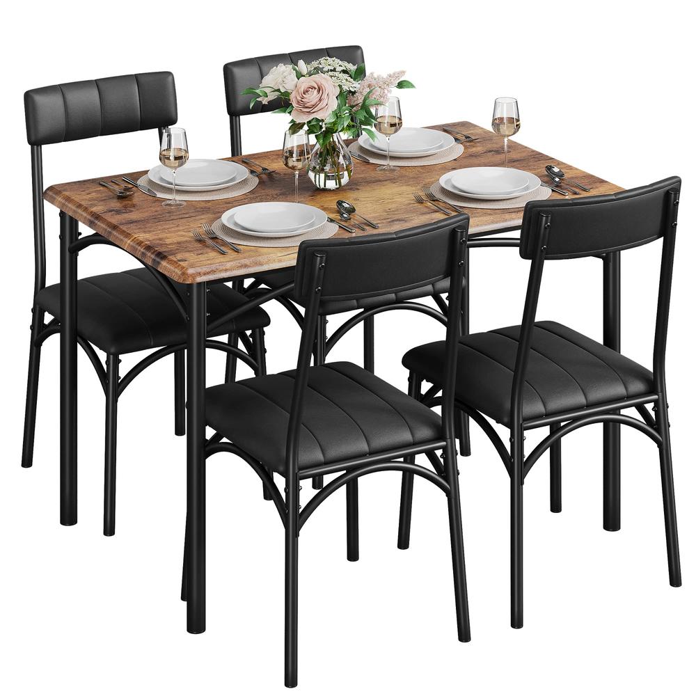 Amyove Kitchen Dining Room Table Set For 4 With Upholstered Chairs, Rustic Brown