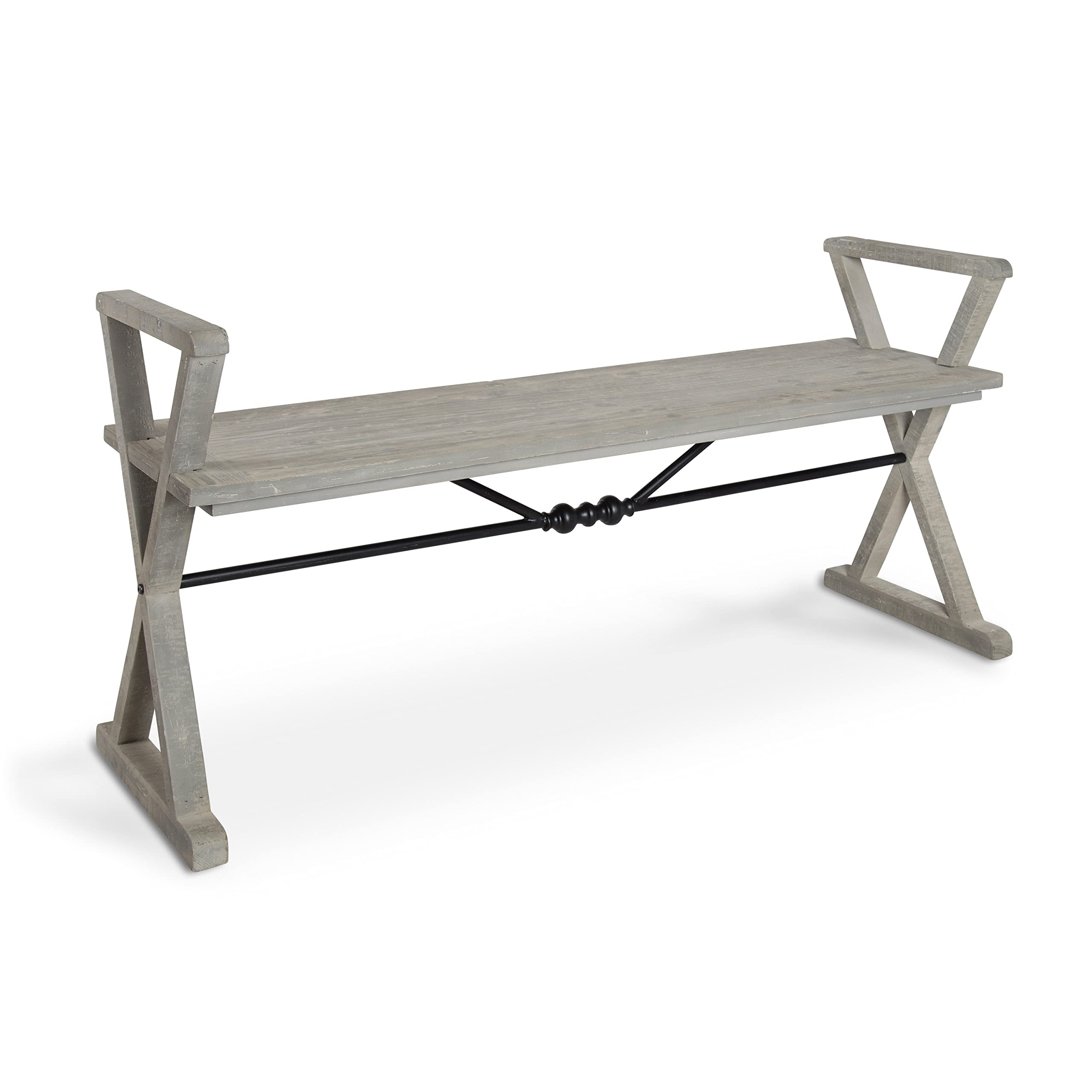 Kate And Laurel Travere Wood Bench, Rustic Gray Finish With Black Metal Support Bar