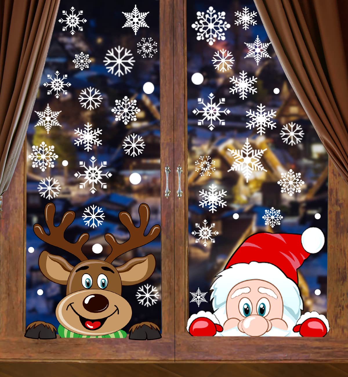 Veylin 6 Sheets 300 Pcs Christmas Window Clings, Snowflake Reindeer Santa Claus Window Stickers For Christmas Window Descoration