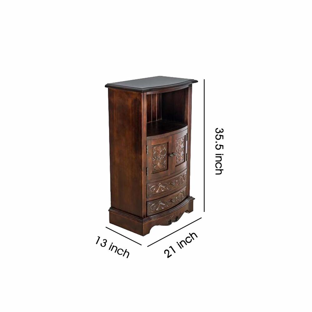 Benjara Engraved Wooden Frame Storage Cabinet With 2 Drawers And 2 Doors, Brown