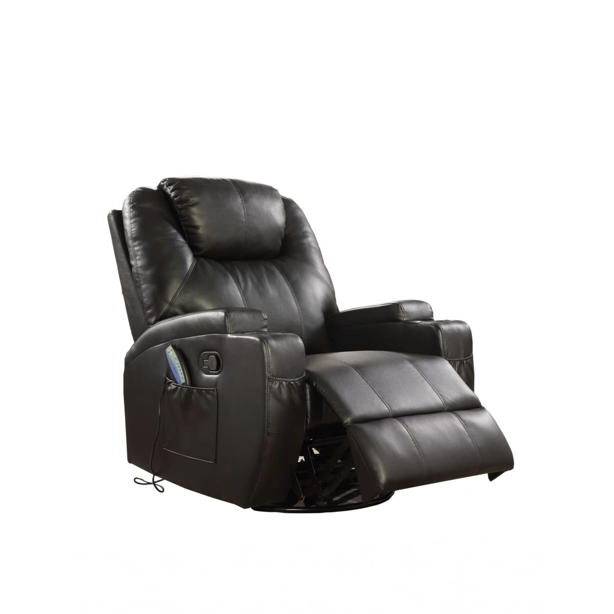 HomeRoots Boned Leather Match, Pine 34 X 37 X 41 Black Bonded Leather Match Swivel Rocker Recliner with Massage