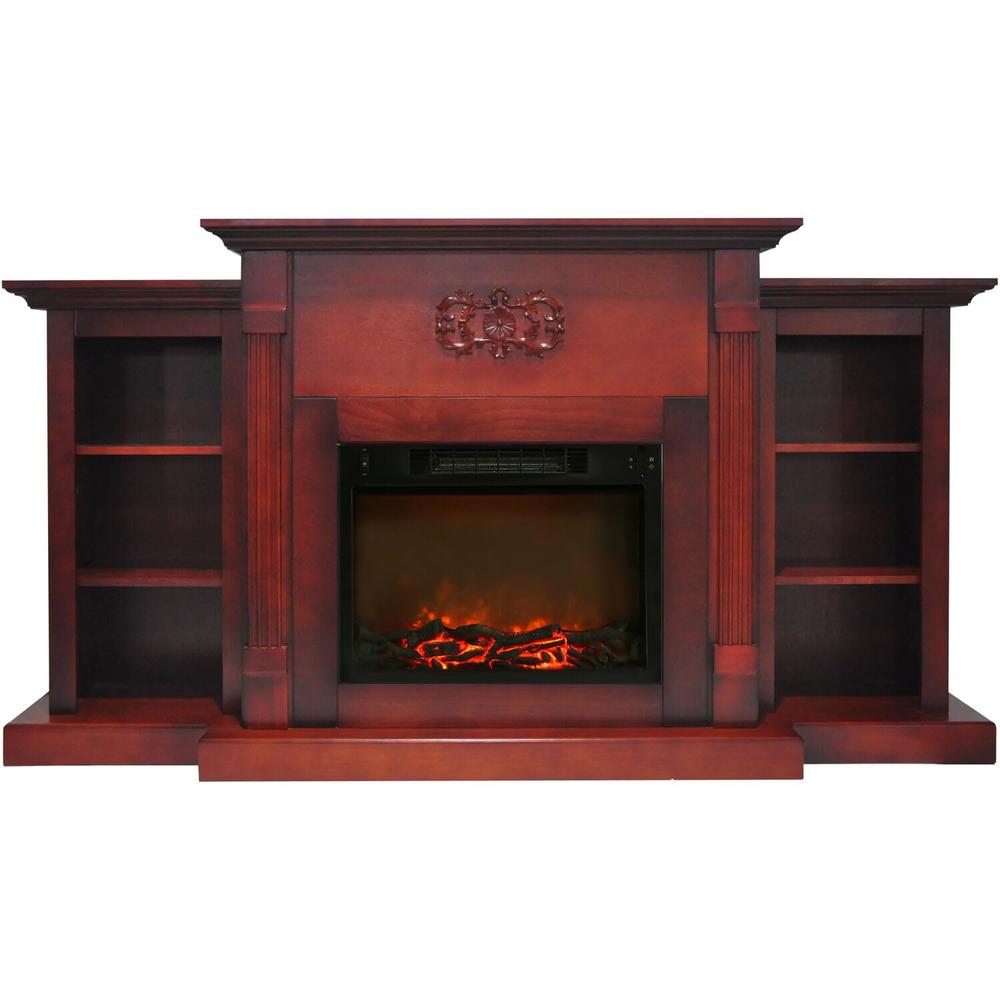 Hanover Classic 72 In. Electric Fireplace In Cherry With Built-In Bookshelves And 1500W Charred Log Insert
