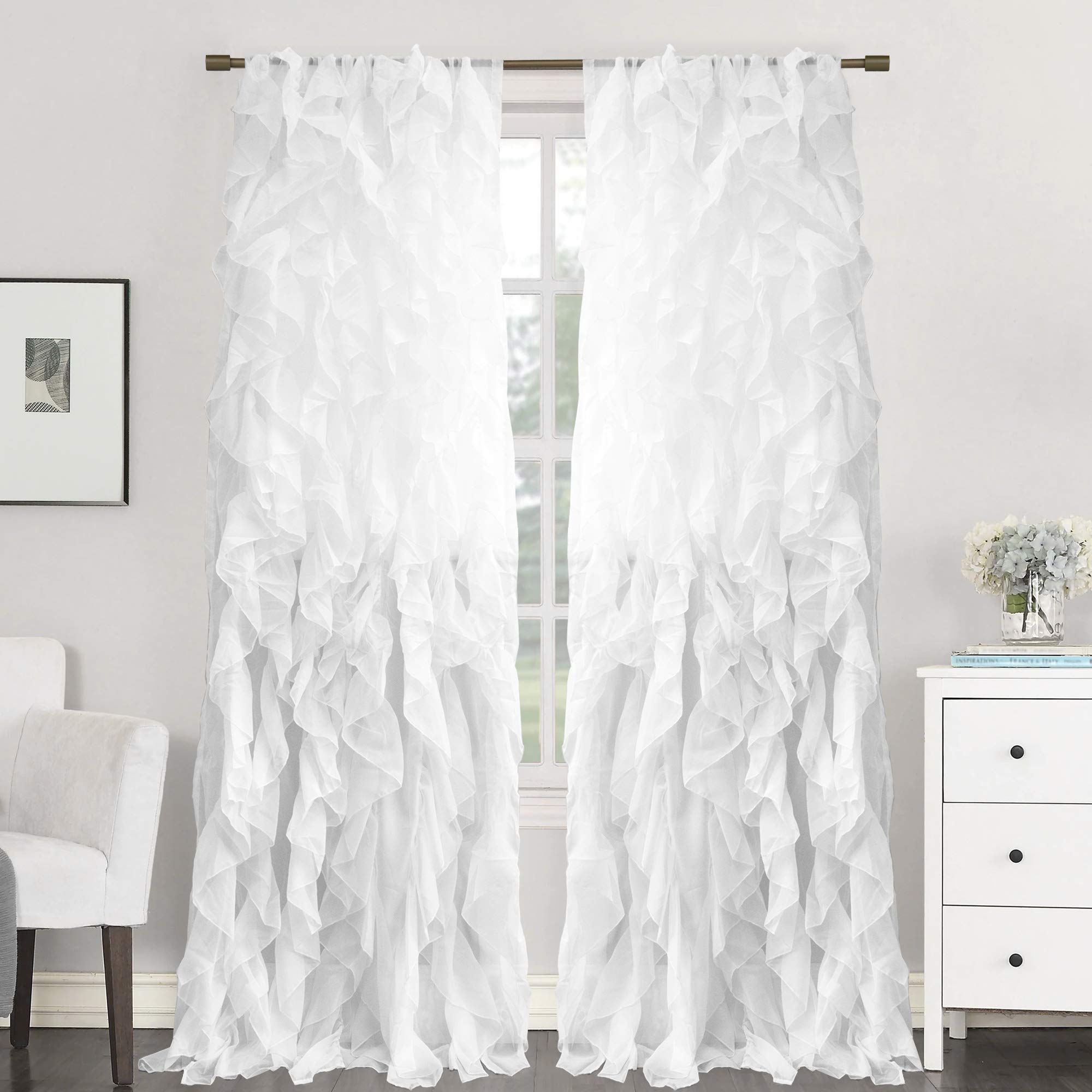 Sweet Home Collection Shrpnl-84-Wht-2Pk Sheer Voile Vertical Ruffled Window Curtain Panel 50" X 84", White, 84" X 50"