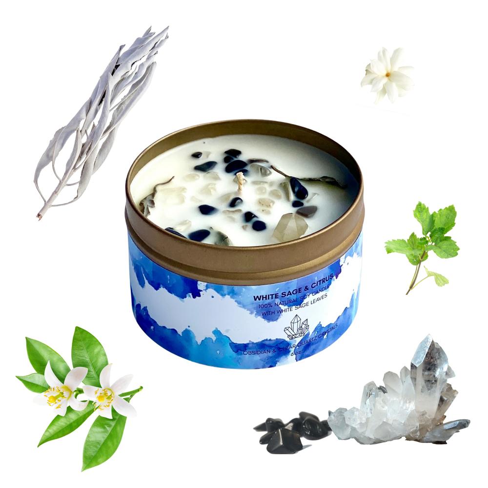 Picki Nicki White Sage Smudge Candle With Obsidian And Quartz Crystals 100% Natural Soy Essential Oils (Obsidian Sage)