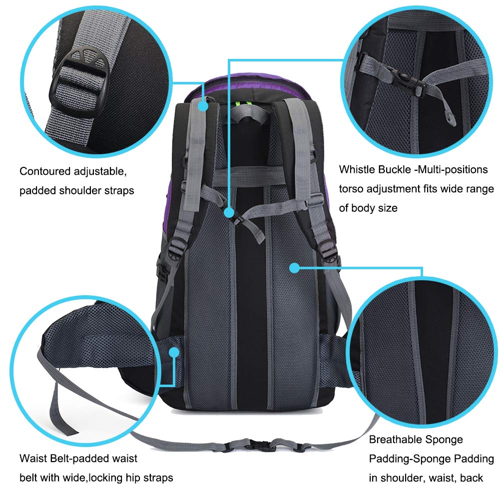 Ruru Monkey 50L Hiking Backpack, Camping Backpack For Outdoor Traveling Women Men (Purple)