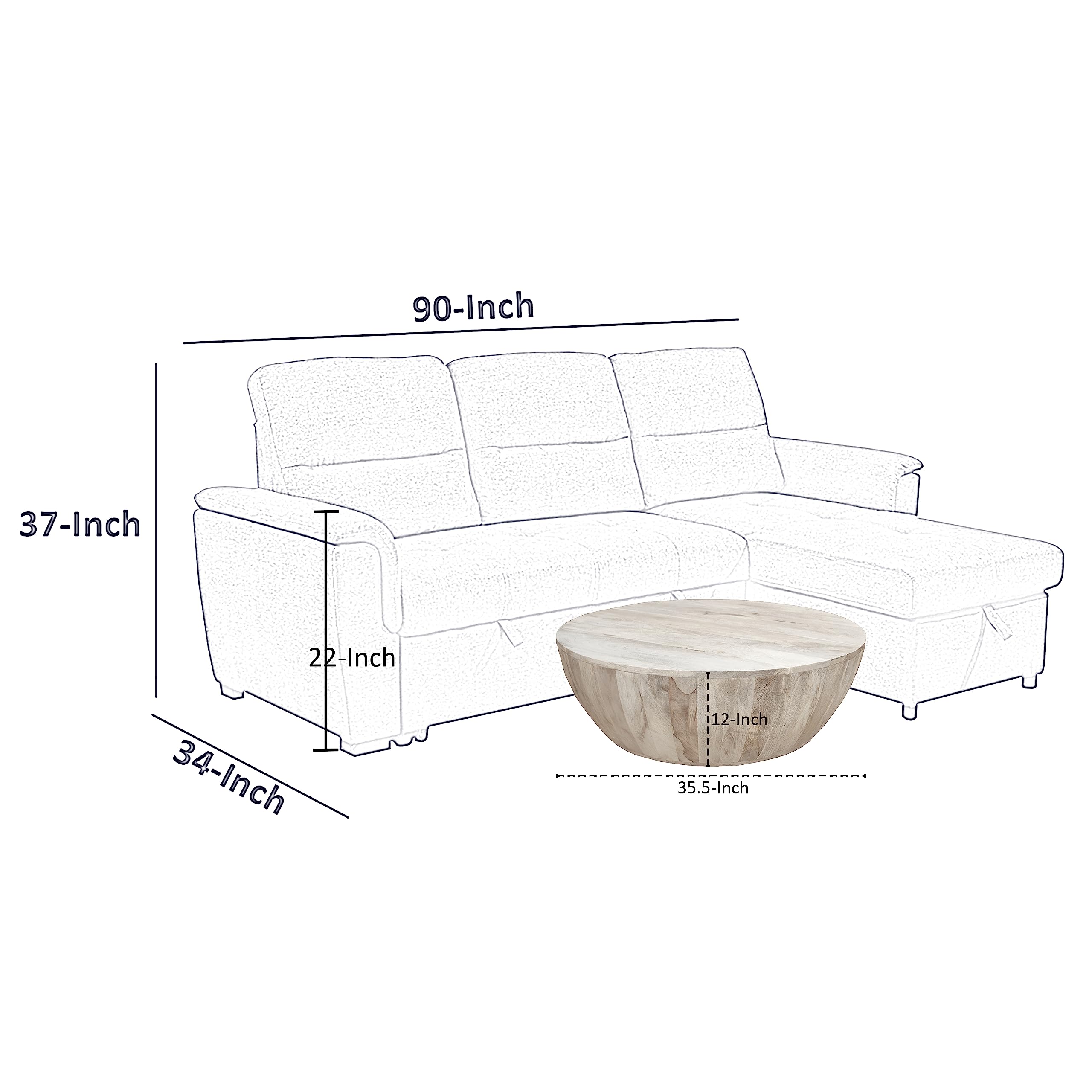 The Urban Port 12-Inch Height Round Mango Wood Coffee Table, Subtle Grains, Distressed White
