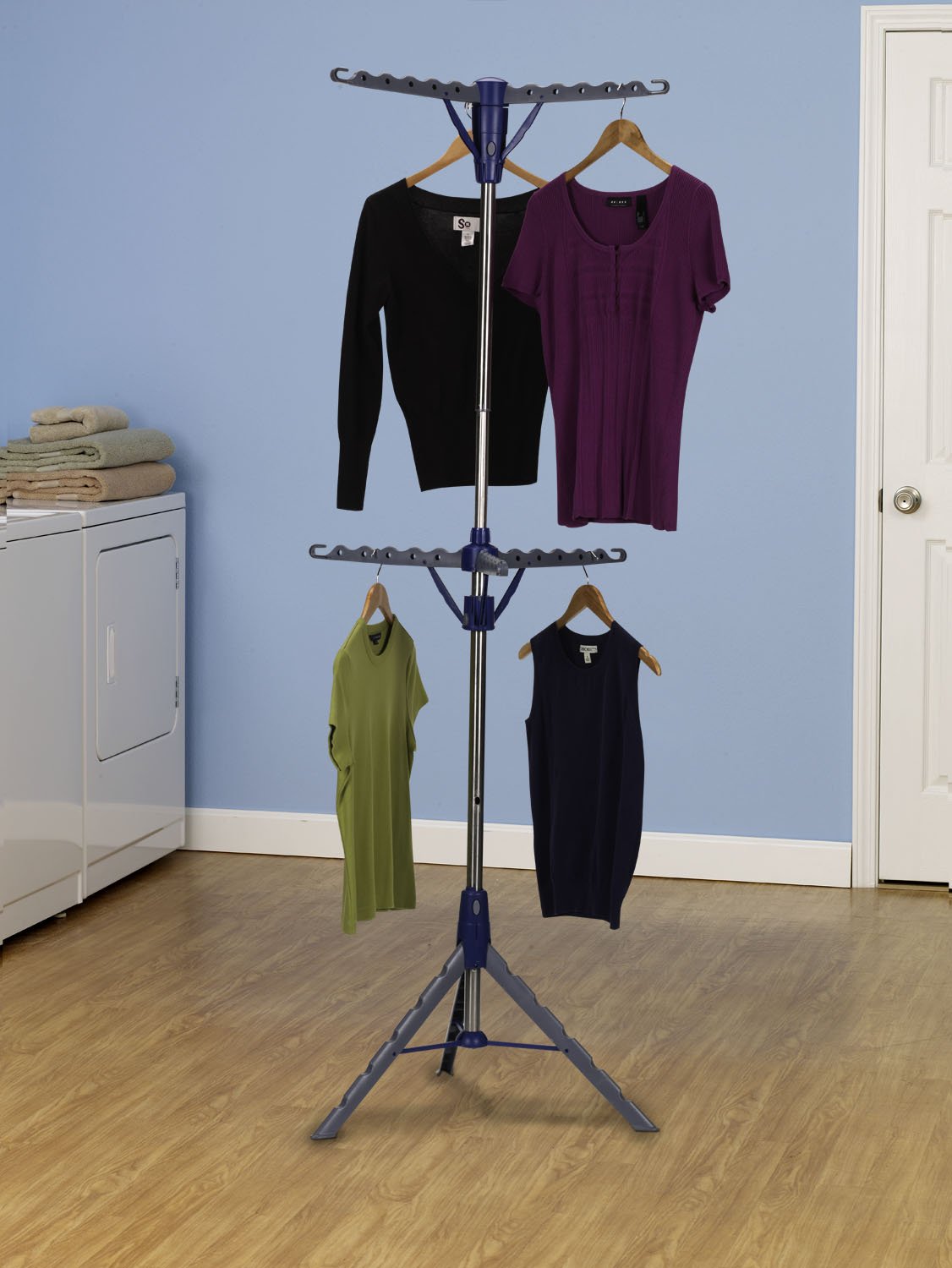 Household Essentials 5012-1 Portable 2-Tier Clothes Drying Rack Tri-Pod | Dry Wet Laundry Or Hang Clothes | Silver And Blue