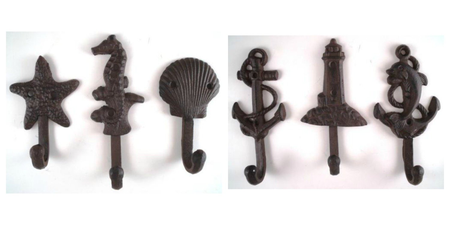Moby Dick Lighthouse Dolphin Anchor Starfish Seahorse Shell Cast Iron Nautical Hooks Set
