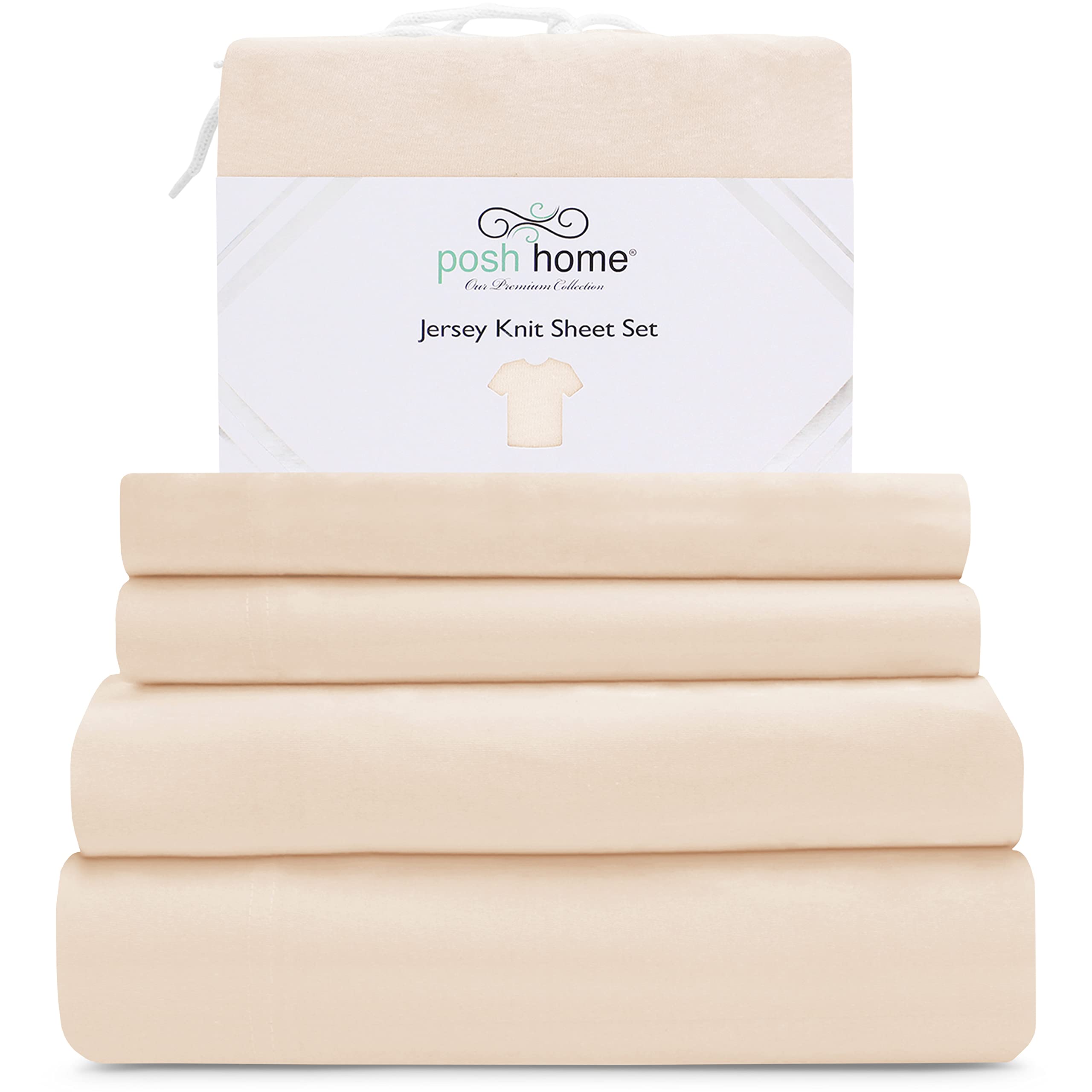 Posh Home Jersey Knit Sheet Set - 3-Piece Jersey Bed Sheets - T-Shirt Breathable & Soft cotton Jersey Sheets - Includes Flat She