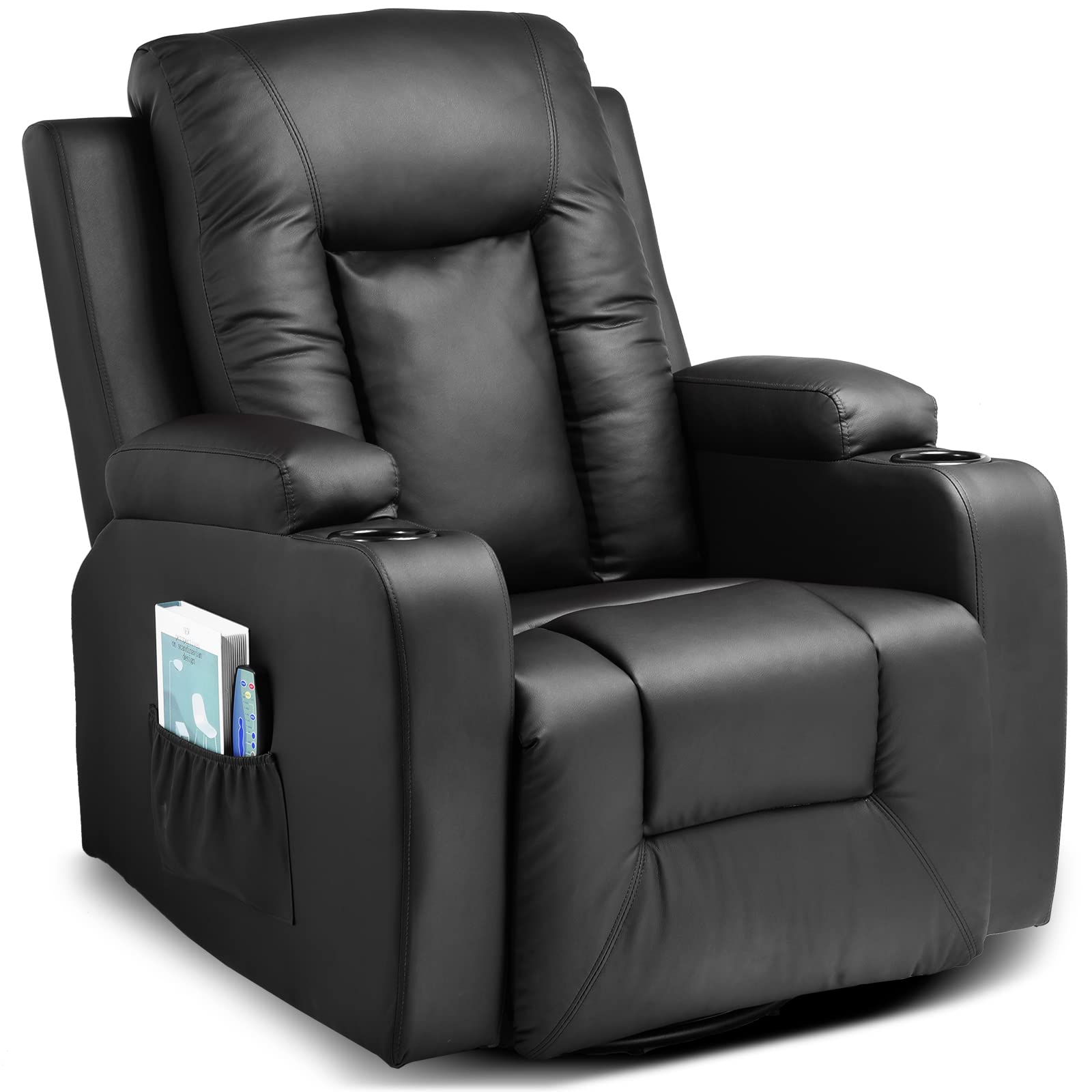 cOMHOMA Leather Recliner chair Modern Rocker with Heated Massage Ergonomic Lounge 360 Degree Swivel Single Sofa Seat with Drink 