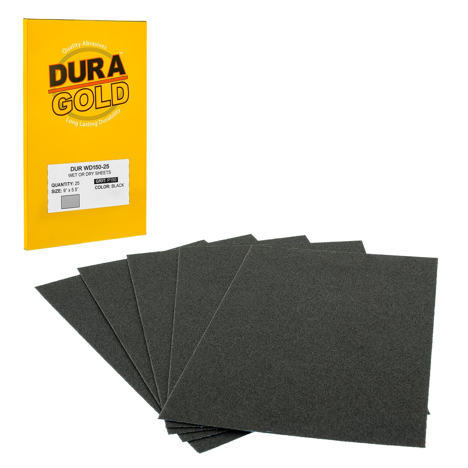 Dura-gold Premium 150 grit Wet or Dry Sandpaper Sheets, 5-12 x 9, Box of 25 - coarse-cut Sanding, Detailing, Polishing Automotiv