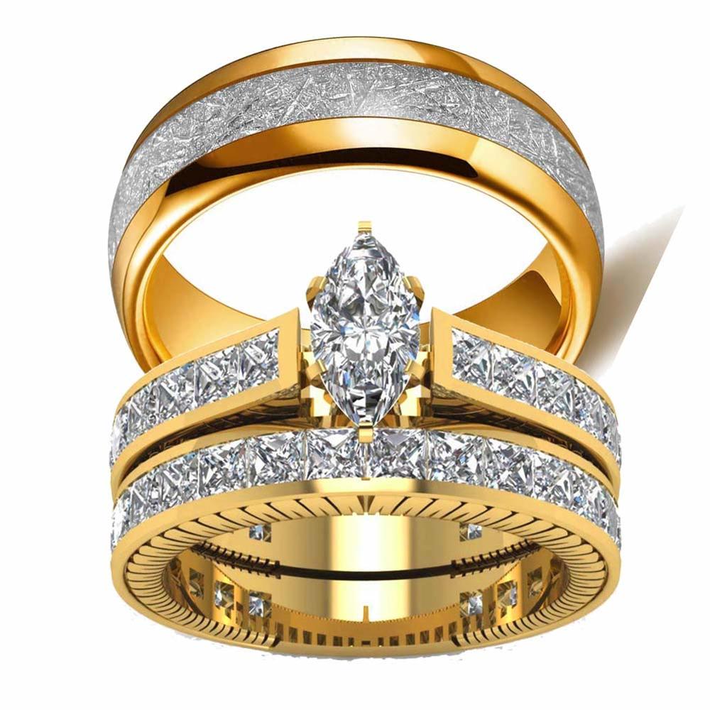 WRS WEDDING RING SET TWO RINgS His Hers Wedding Ring Sets couples Rings Womens 10k Yellow gold Filled White cZ Wedding Engagement Ring Bridal Sets & 