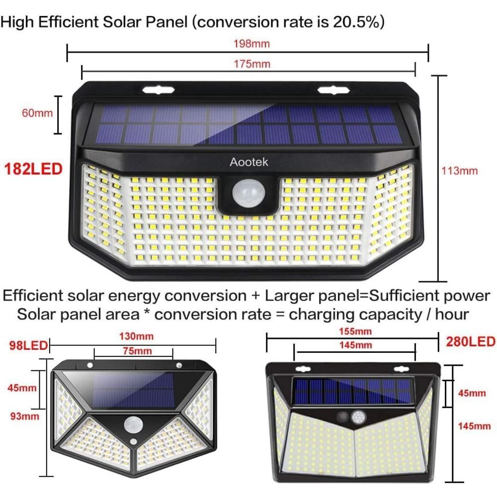 Aootek Solar Lights Outdoor 182 LEDs 2500Lm Solar Motion Sensor Lights Solar Panel 153 inA and 3 Modes(SecurityPermanent On All NightSm