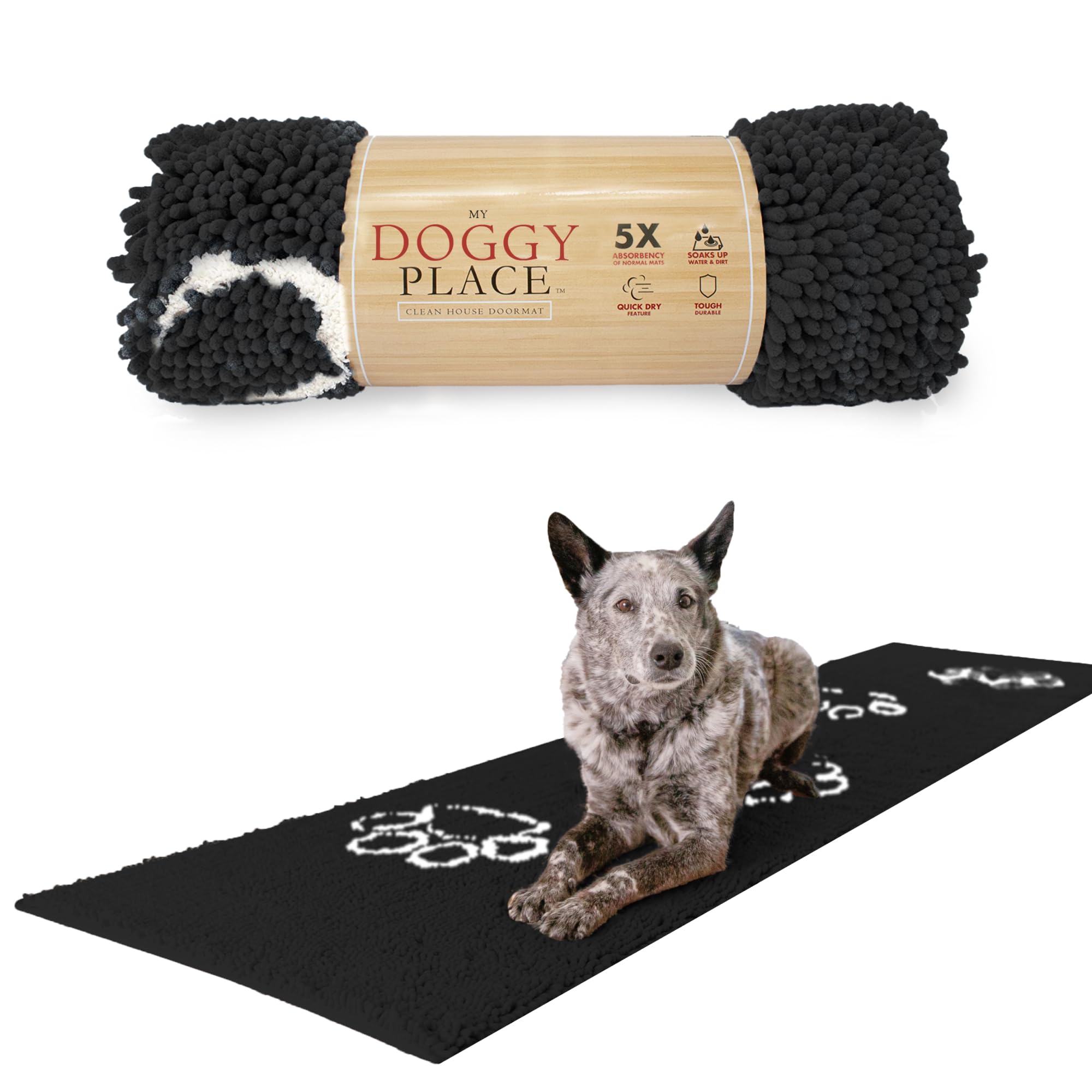 My Doggy Place Microfiber Dog Mat for Muddy Paws, 8 x 2 charcoal with Paw  Print - Non-Slip, Absorbent and Quick-Drying Dog Paw c