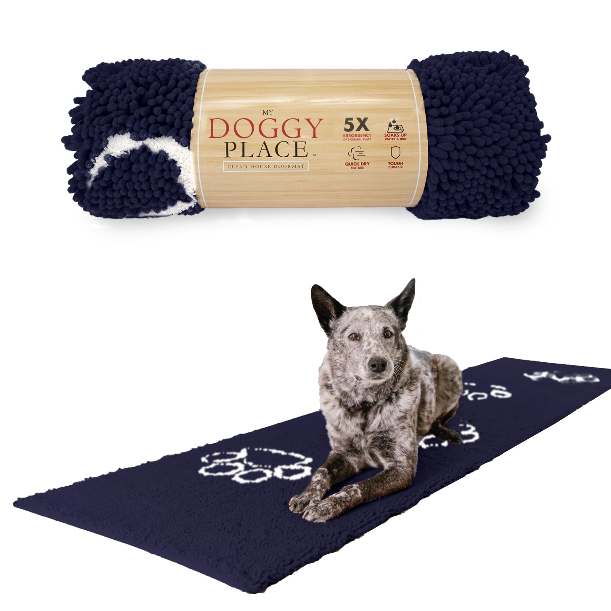 My Doggy Place Microfiber Dog Mat for Muddy Paws, 8 x 2 Navy Blue with Paw Print - Non-Slip, Absorbent and Quick-Drying Dog Paw