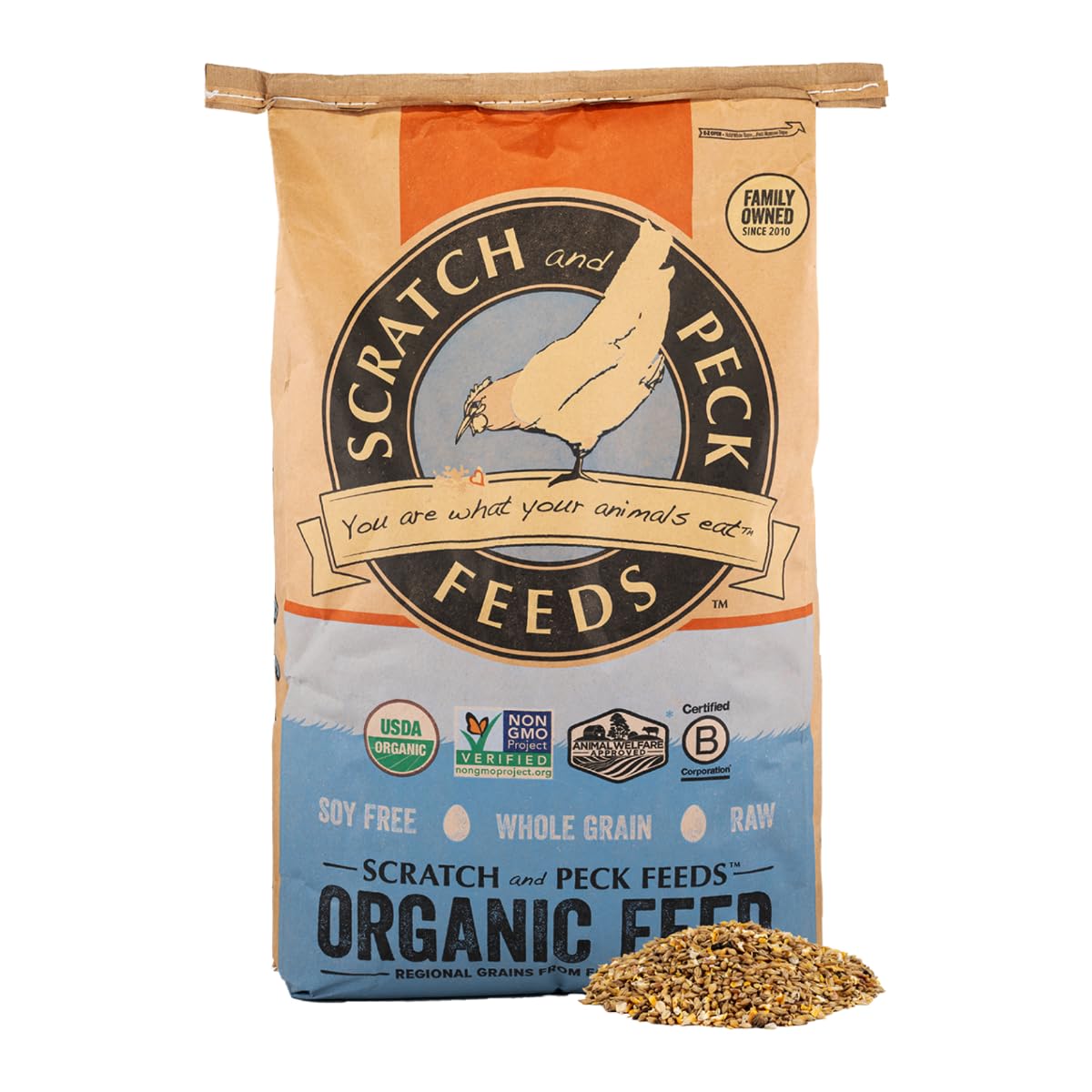 SCRATCH AND PECK FEEDS YOU ARE WHAT YOUR ANIMALS EAT Scratch and Peck Feeds Organic Scratch + corn, 9% Protein - Premium Supplemental grain Source for chickens and Ducks - 40lb