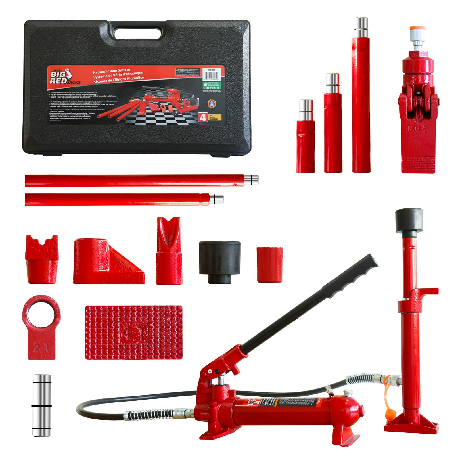 BIg RED 4 Ton Porta Power Kit, 17-Pcs Hydraulic Ram Auto Body Frame Repair Kit With Blow Mold carrying Storage case, 8000 Lbs ca