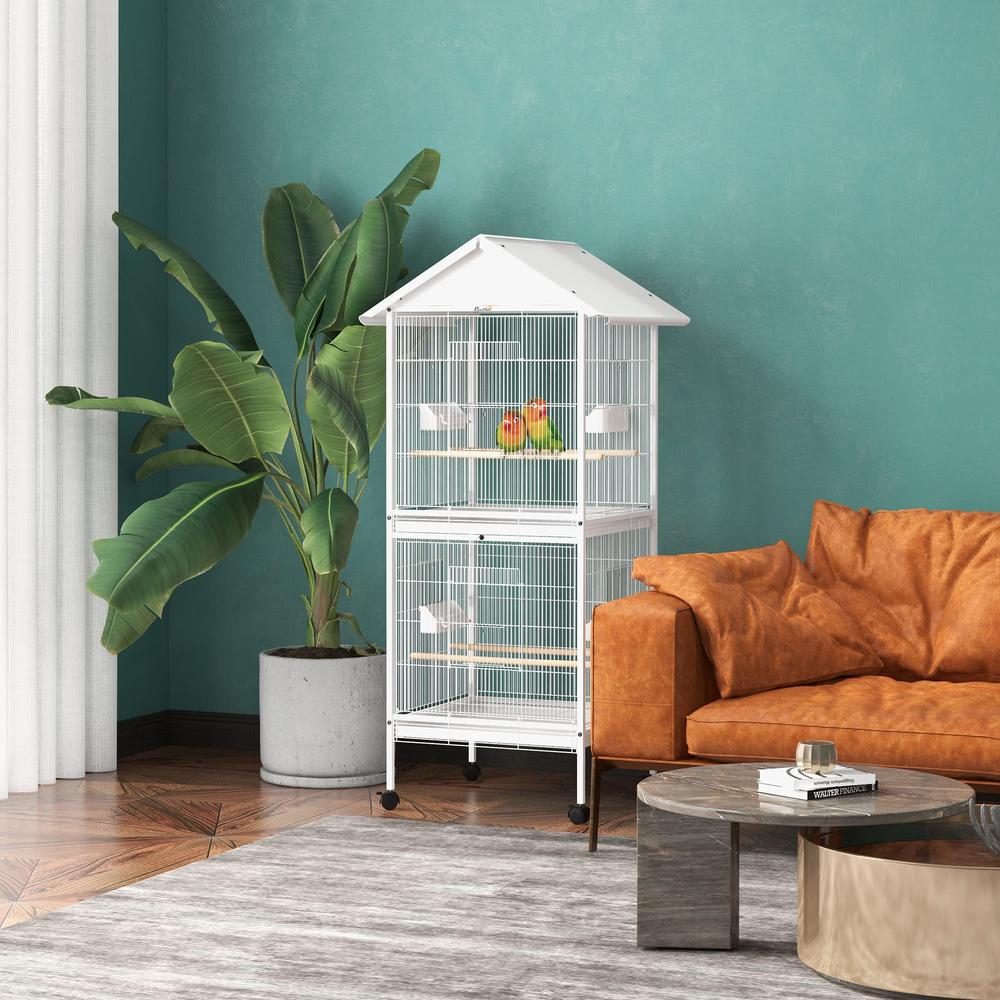 PawHut 67 H Bird cage with Rolling Stand, cockatiels Finches Budgie cage with Divider, Removable Trays - White
