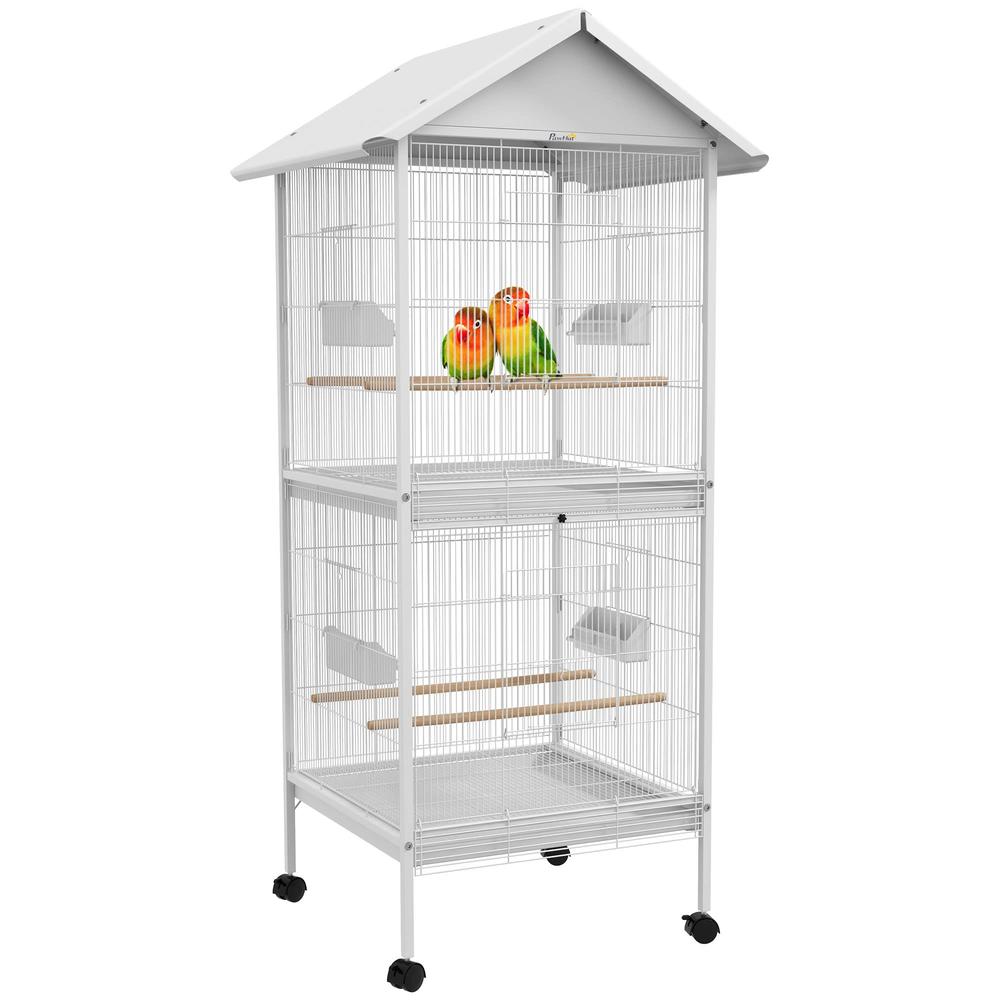 PawHut 67 H Bird cage with Rolling Stand, cockatiels Finches Budgie cage with Divider, Removable Trays - White