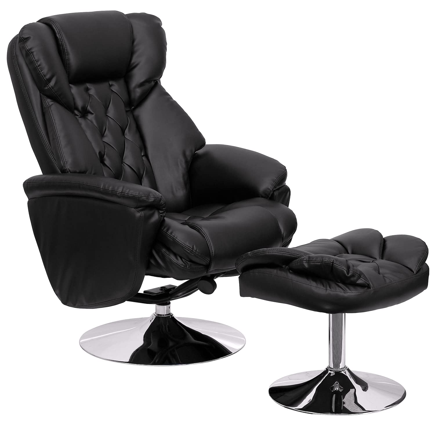 Flash Furniture 807Trad Transitional Leather Recliner and Ottoman with chrome Base, Black