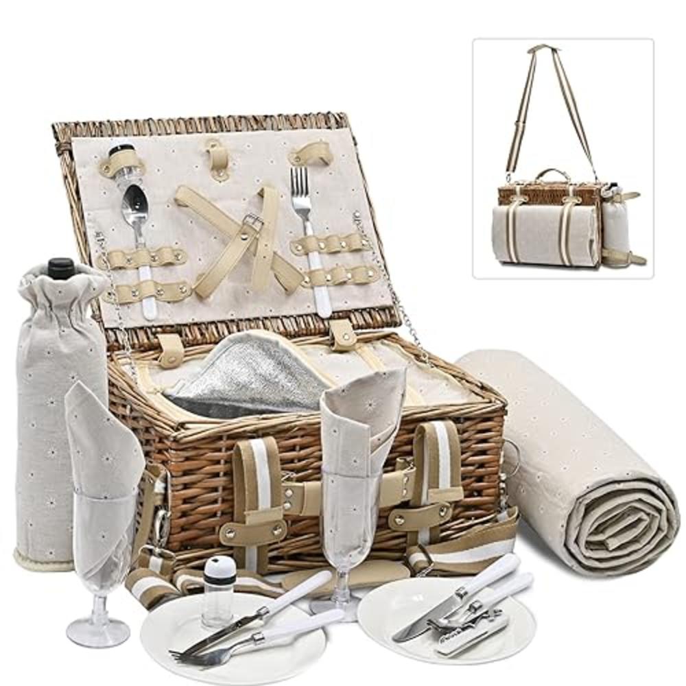 SatisInside 19Pcs Picnic Basket for 2 with Insulated Liner and Waterproof Picnic Blanket Wine Pouch, Large Wicker Picnic Hamper for Camping,