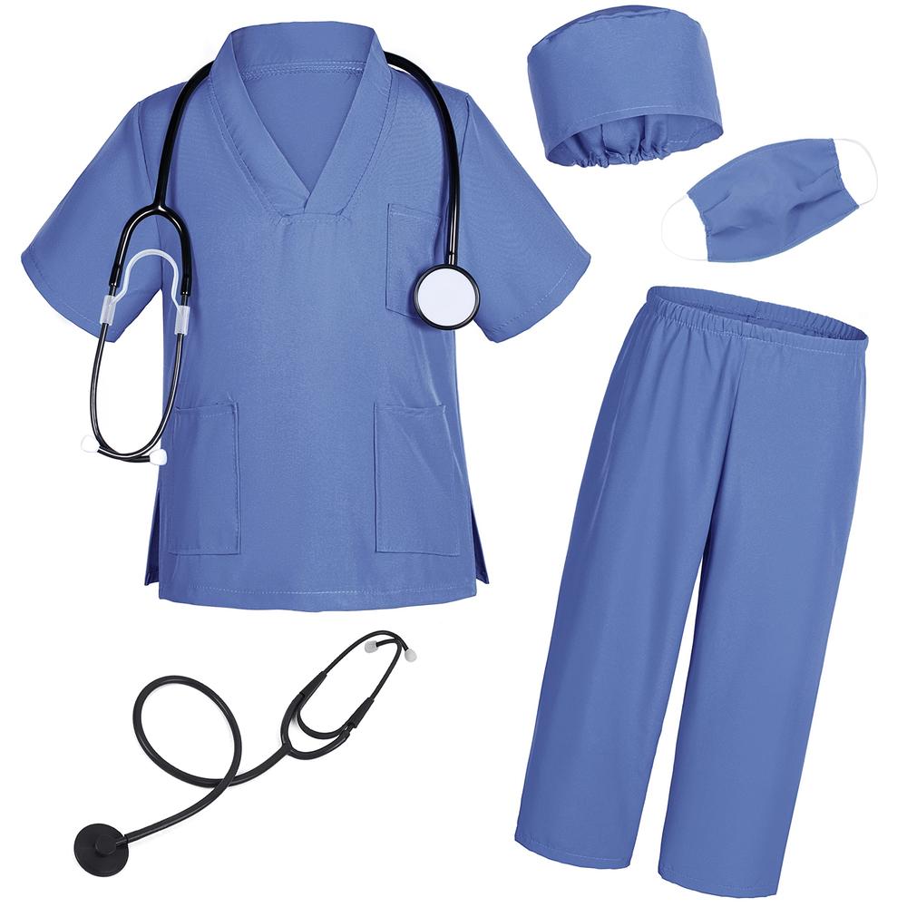 TOGROP Doctor Costume for Kids Scrubs Pants with Accessories Set Toddler Children Cosplay 4T-5T Lake Blue