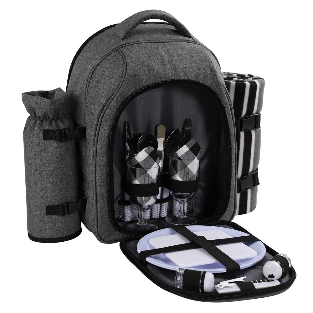 apollo walker Picnic Backpack Bag for 2 Person with cooler compartment, Detachable BottleWine Holder, Fleece Blanket, Plates and