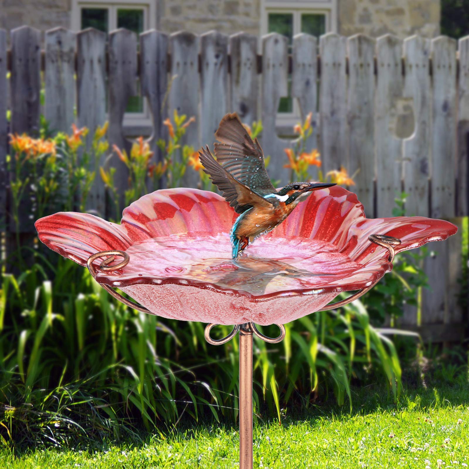 Dream Garden Outdoor Bird Bath Glass Birdbath Garden Birdfeeder with Metal Stake Red