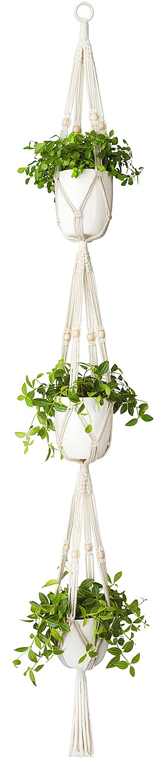 Mkono Macrame Plant Hanger 3 Tier Indoor Outdoor Hanging Planter Basket Cotton Rope with Beads 70 Inches