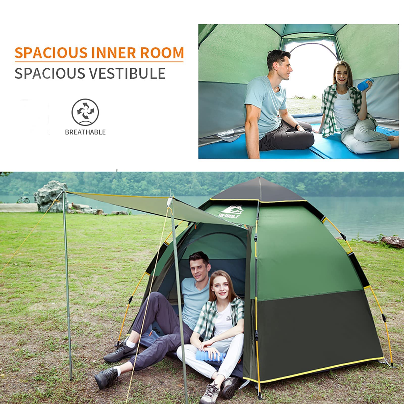 Hewolf Waterproof Instant Camping Tent - 2/3/4 Person Easy Quick Setup Dome Family Tents for Camping,Double Layer Flysheet Can b