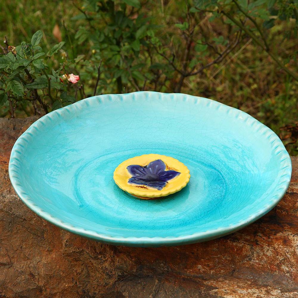 Topadorn Birdbath Ceramic Bowl Decor for Bee Bird Bath Outdoor Garden Vintage Yard,Blue with Yellow Flower