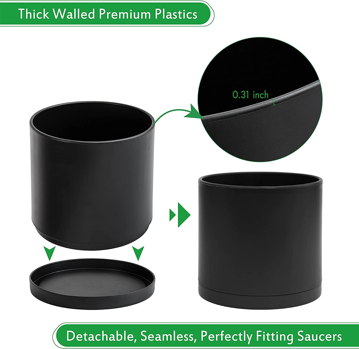 D'vine Dev 10 Inch Plastic Planter Pots for Plant Pot with Drainage Hole and Seamless Saucers, Black Color, 74-O-M-2
