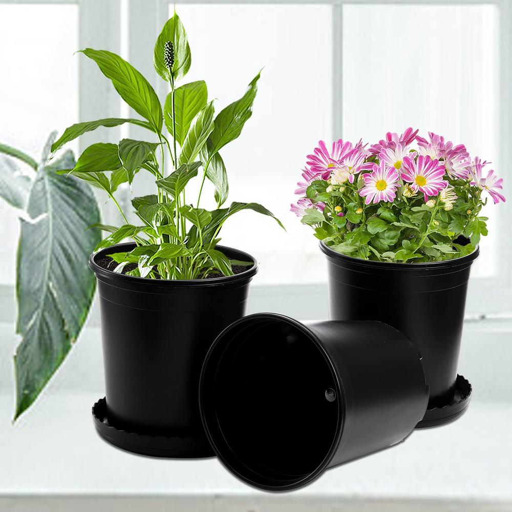 Fasmov 10PCS 1 Gallon Durable Nursery Pot Garden Flower Pots Nursery Plant Container Kit with 10 Pcs Matching Pallets, Black