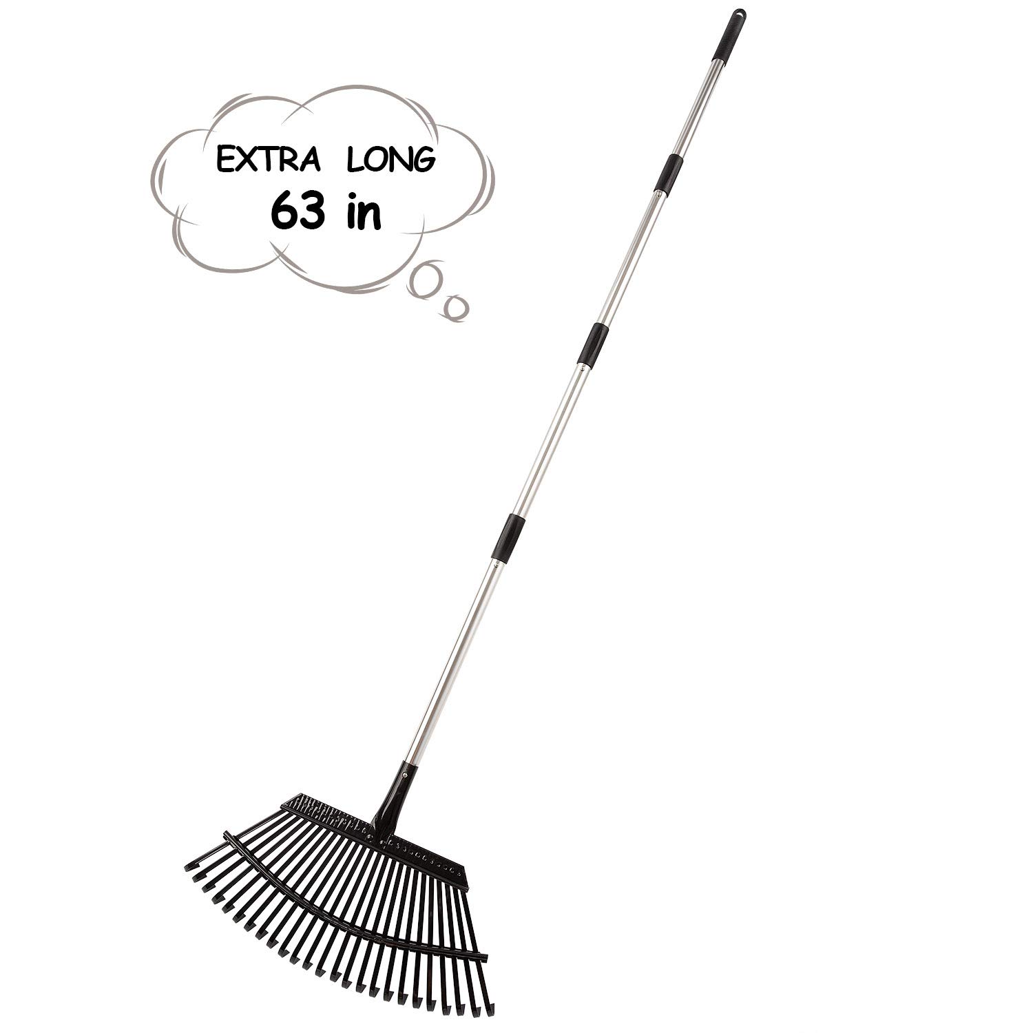 Yangbaga 63” Garden Leaf Rake 38”-63”Adjustable Garden Rake,25 tines, Metal Rake for Quick Clean Up of Lawn and Yard