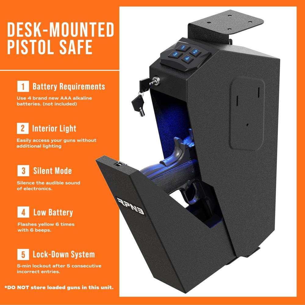 RPNB Mounted Firearm Gun Safe with Auto Open Lid 4-Digit PIN Keypad Lock Handgun Safe