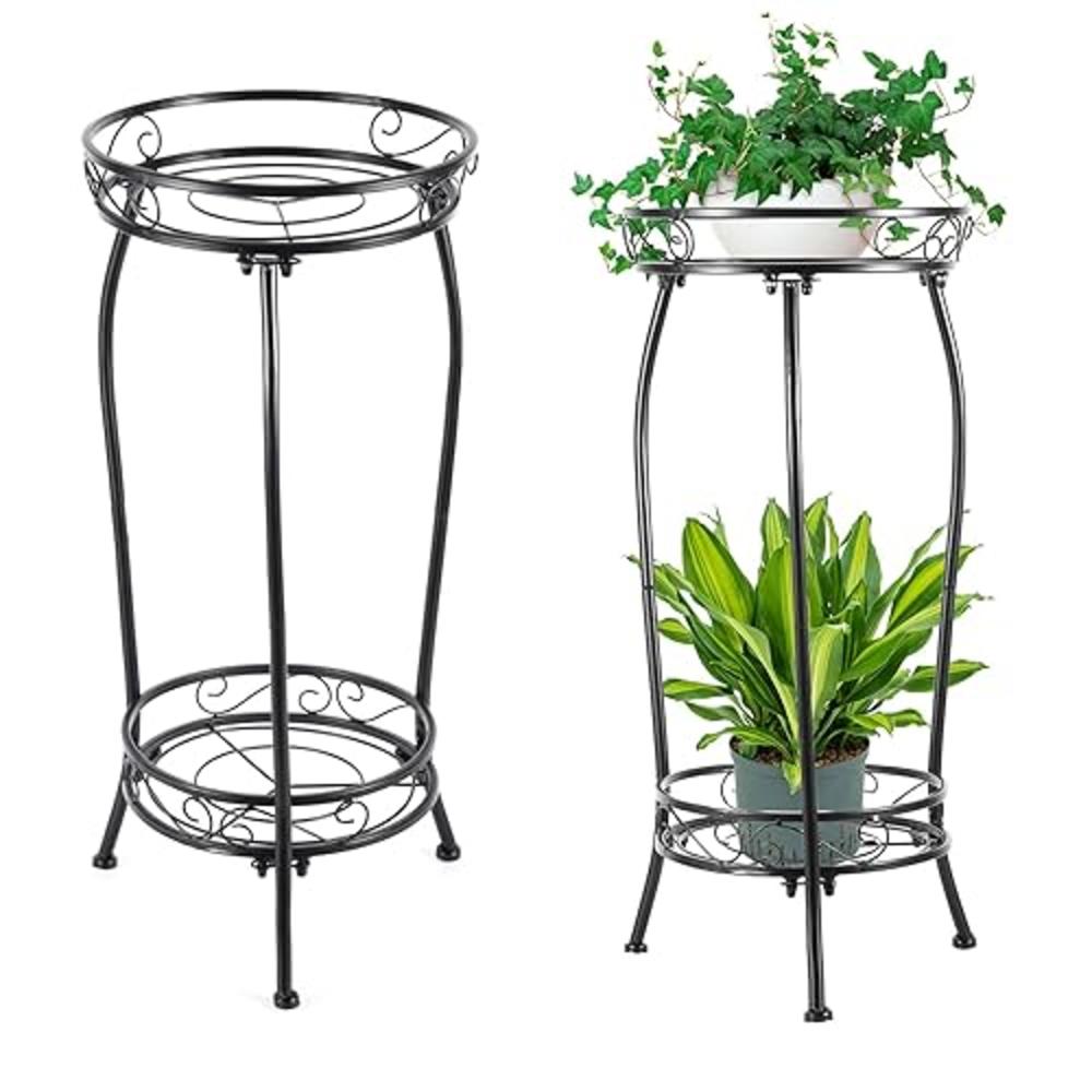 Kavlium 2-Pack Plant Stand Indoor Outdoor,Tall Black Metal Rustproof Stable Plant Stands,2 Tier 27.1 inch Multiple Plant Rack fo