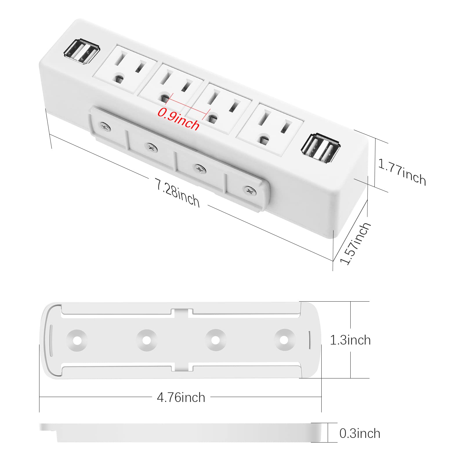 vilong White Under Desk Power Strip, Adhesive Wall Mount Power Strip with USB,Desktop Power Outlets, Removable Mount Multi-Outlets with
