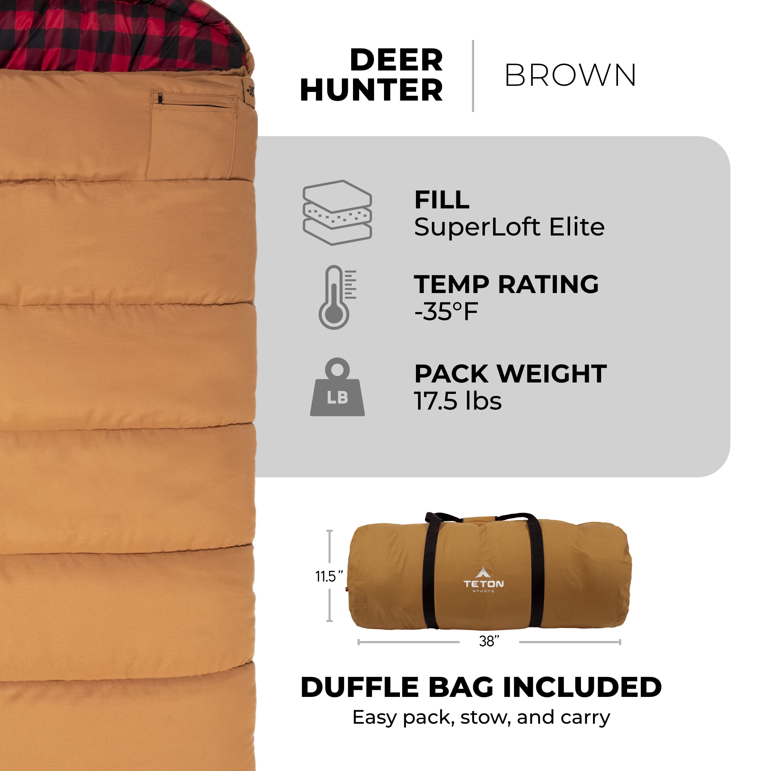TETON Sports Deer Hunter Sleeping Bag; Warm and Comfortable Sleeping Bag Great for Camping Even in Cold Seasons; Brown, Right Zi