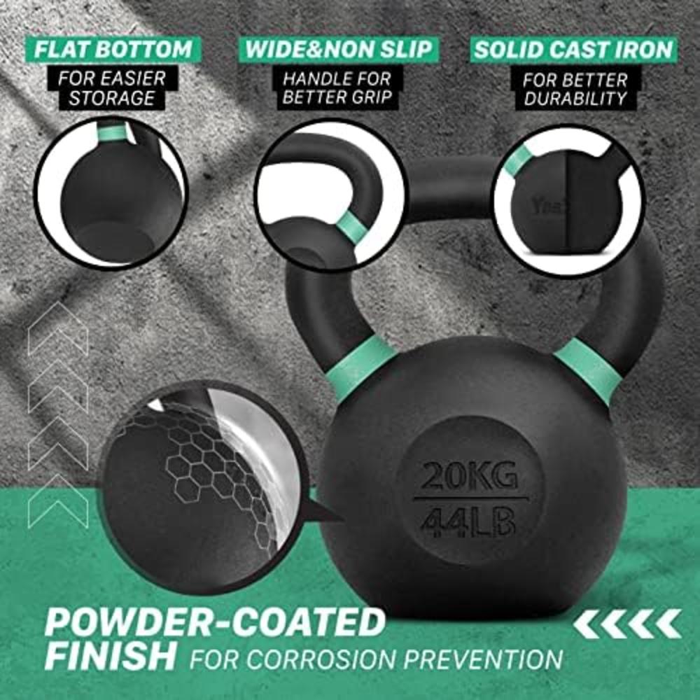 Yes4All Color Code Cast Iron Powder Coated Kettlebell with Large Handle & Flat Base, H - Green - 20 KG / 44 LB