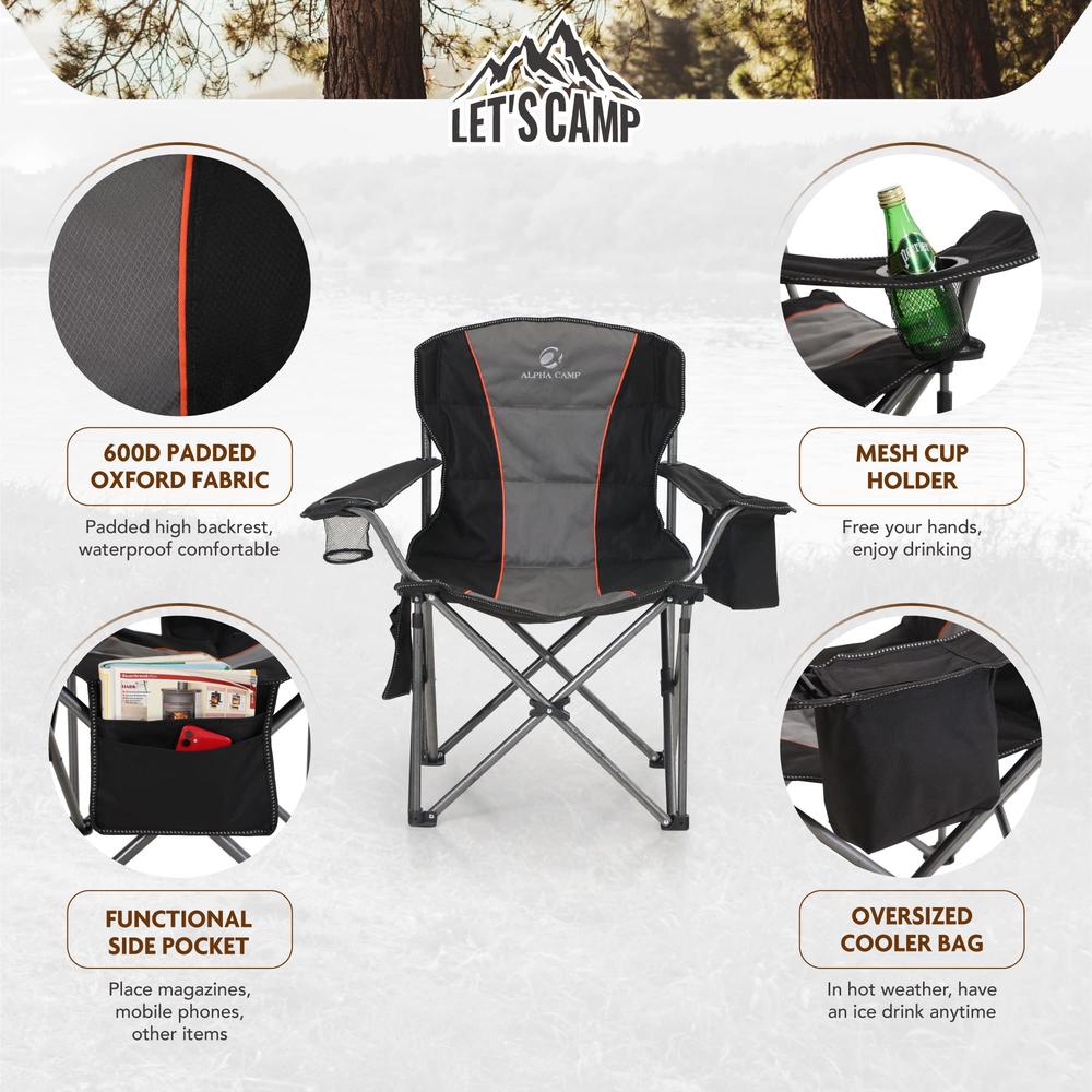 LET'S CAMP Folding Camping Chair Oversized Heavy Duty Padded Outdoor Chair with Cup Holder Storage and Cooler Bag, 450 LBS Weigh