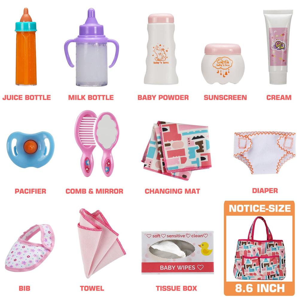Bakatatoyz 14 Pack Baby Doll Accessories, Baby Doll Feeding and caring Set Includes Diaper Bag, Doll Diapers, Magic Bottle, changing Mat fo