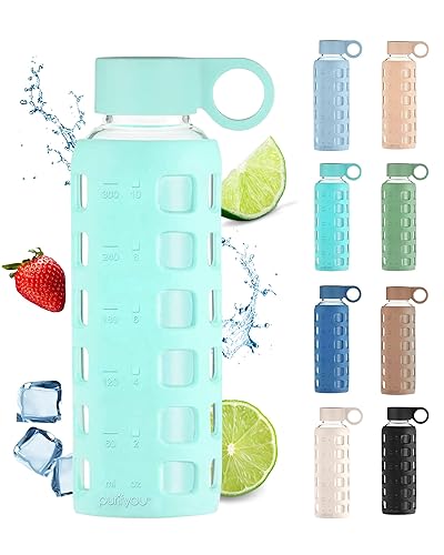 purifyou Premium 40/32 / 22/12 oz Reusable Glass Water Bottles with Time  and Volume Markings