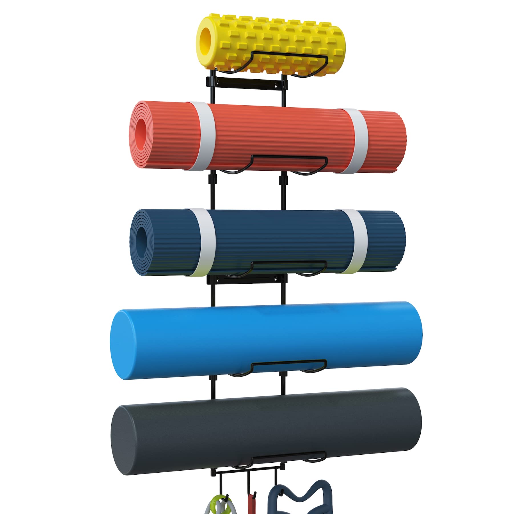 Kesito Yoga Mat Holder Wall Mount, Wall Rack Organizer, Storage Foam Roller and Block, with 5 Sectional and 3 Hooks for Hanging Yoga St