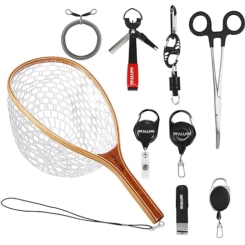 REALLINK REALLINK Fly Fishing Tools Kit and Accessories 9 in 1 Combo, Fishing Landing Net,,Fishing Quick Nail Knot Tying Tool, Hook Remover Forcep
