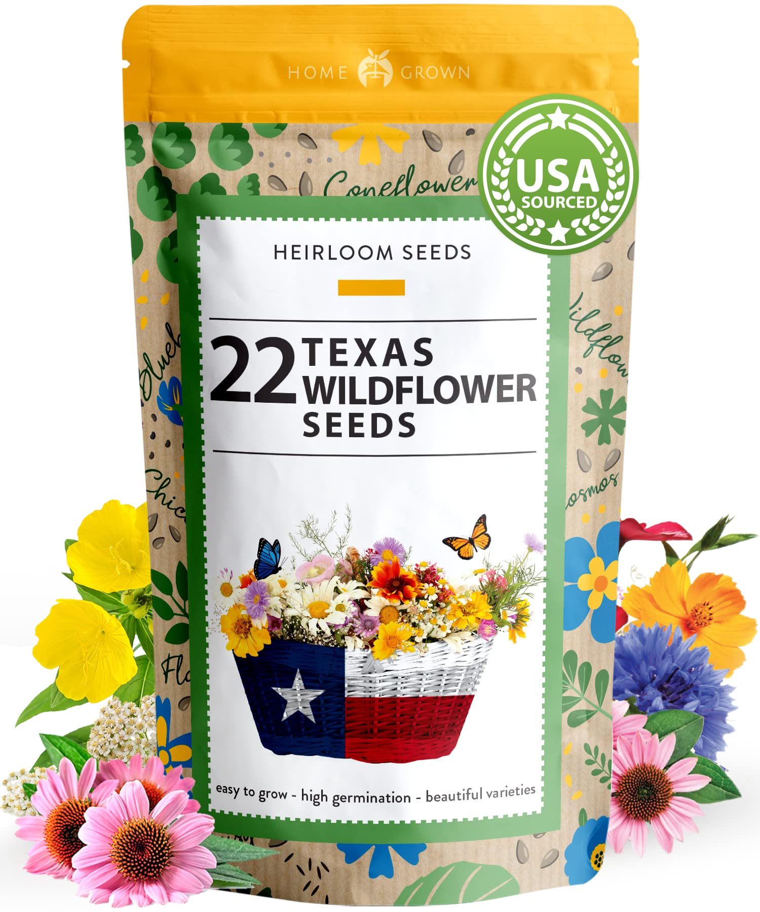 home grown 130,000+ Pure Wildflower Seeds - Premium Texas Flower Seeds [3 Oz] Perennial Garden Seeds for Birds & Butterflies - Wild Flowers